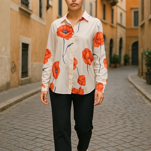 Woman's SD Collection Silk Lt. Taupe and Orange Poppy Button-Down Shirt Blouse - Picture 1 of 6